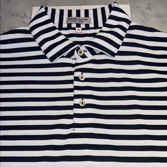 Peter Millar Navy Blue and White Striped Polo Shirt - Size Large - Picture 2 of 5